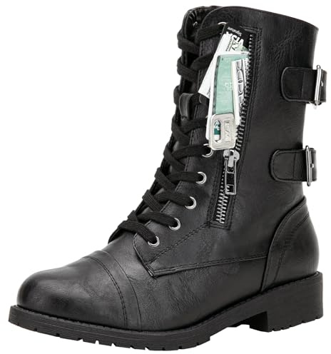 Vepose Women's Lace up Combat Boots, Mid Calf Biker Boots, 929 - Black Pu, Size 8.5 US - with Card Wallet Pocket (CJY929 blackpu 08.5)