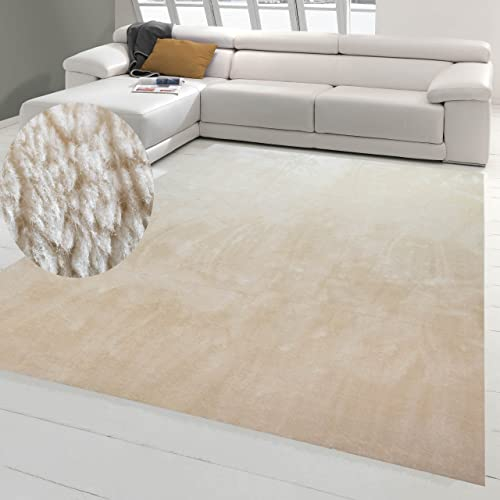 Teppich-Traum Uni Teppich Wohnzimmer weich Flokati Badezimmer waschbar in beige, 160x230 cm, 37/070_13