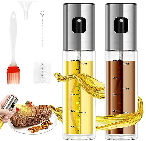 Uktunu Pulverizador Aceite Spray 2 Pcs 100 ml 304 Acero inoxidable Spray Aceite Cocina con Escala para Freidora de Aire con Embudo,Cepillo de aceite,Pincel Adecuado para Asar a la Parrilla,ensaladas