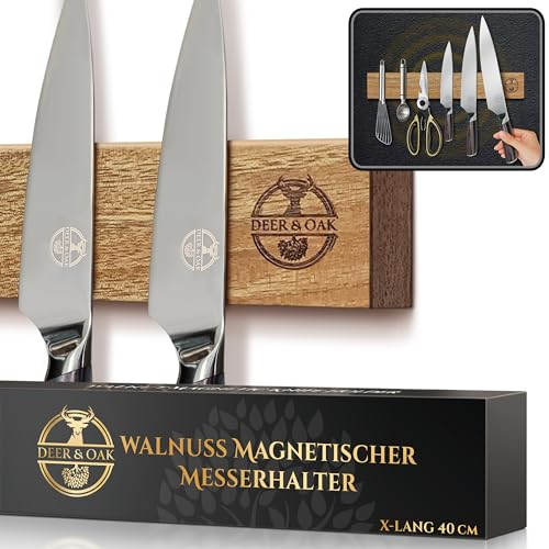 Deer & Oak - 40cm Magnetic Knife Holder for Wall - Walnut Wood with Double Row of Continuous Magnets - Space-Saving Kitchen Knife Rack