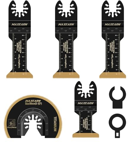 MaxEarn Cuchillas de sierra oscilantes multiherramienta, 5 piezas de titanio, extralargas multiherramienta, juego universal de cuchillas oscilantes de cambio rápido, accesorios para cortar metal