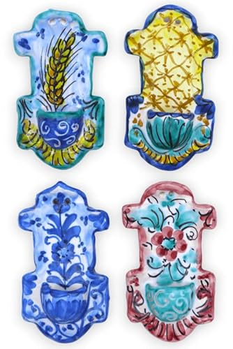 SICILIA BEDDA CAPACI Acquasantiera (1Unità) in Ceramica Siciliana a Forma di Croce, h 10 cm x L 5 cm ca. Decoro e Colore Casuale