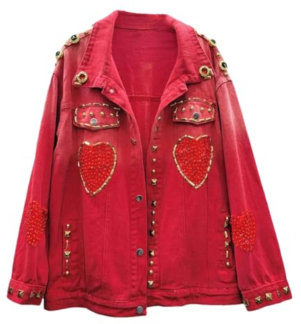 Vsadsau Rote Jeansjacke für Damen, lockere kurze Studenten-Oberbekleidung, langärmelig, Nieten, lange Ärmel, Jeansjacke, rot, 38