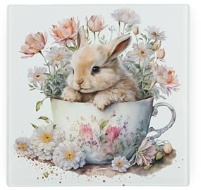 Dessous de plat en verre avec motif lapin - Cadeau floral sur le thème du printemps - Planche à découper/plan de travail avec pieds antidérapants - 20 cm x 20 cm