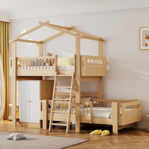 Skcess Etagenbett 90X200Cm Mit Kleiderschrank, Hausbett, Kinderbett, Herausnehmbares Unterbett, Mit Vierstufiger Schrägleiter, Kiefer+MDF, Natur+Weiß