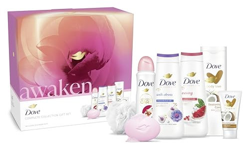 Dove Awaken Complete Collection Skin Care Women's Gift Set For Her With Luxury Shower Puff 6 Piece