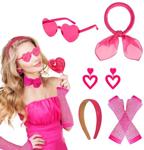80Er 90Er Jahre Outfit Damen, Haarreif Pink Netzhandschuhe, Chiffon Schal Halstuch, Rosa Herz Sonnenbrille Ohrringe, Rosa KostüM Accessoires Damen füR Halloween Karneval, Vintage Motoparty Cosplay