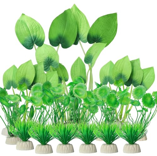 BEGONDIS 15-Piece Lifelike Plastic Aquarium Plants Set, Vibrant Underwater Garden (Green)
