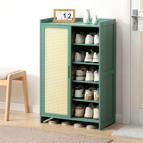 Zapatero de bambú con puerta corredera, estante independiente de ratán para entrada, pasillo, oficina, color verde (60 x 32 x 93 cm)