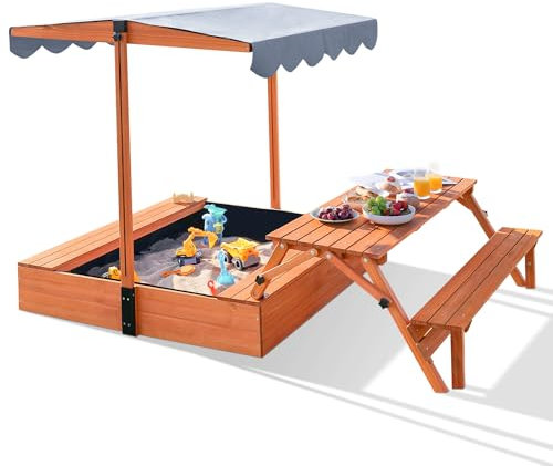 Nicedday Sandbox in legno con coperchio, sabbiera per bambini con copertura, tavolo da picnic pieghevole, baldacchino e tetto regolabile in altezza, fodera inferiore inclusa