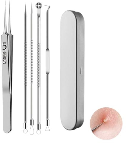 tiyiyok 5 Pièces de Pince Point Noir en Acier Inoxydable, Extracteur Point Noir Idéal pour Enlever les Points Noirs, les Comédons et les Acnes, Tire Comedon Point Noir Performant avec Étui Hygiénique