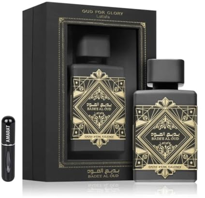 Lattafa Badee Al Oud - Oud for Glory EDP 100 ML, Perfume Árabe Unisex de Larga Duración, Incluye Atomizador Recargable 5ml, Fragancia con Madera de Oud, Nuez Moscada, Azafrán y Pachulí (Oud for Glory)