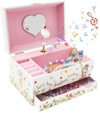 Musikalisches Schmuckkästchen Kinder Spieluhr mit Drehendem Einhorn Ballettmädchen Spiegel Schubladen Schmuckkasten für Kleine Mädchen Geburtstagsgeschenk(Weißem Ballettmädchen)