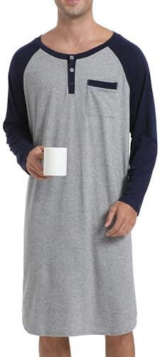 Enjoyoself Maglie Pigiama da Uomo in Cotone Maniche Lunghe Camicie da Notte per Primavera Autunno-Grigio+Blu Marino/3XL