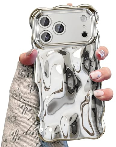 UEEBAI Fodral för iPhone 17 Pro, söta lockiga vågor ramform silikon stötsäkert mobiltelefonfodral ultratunn smal passform mjukt skyddande fodral stötfångare skydd anti-gulning – silver