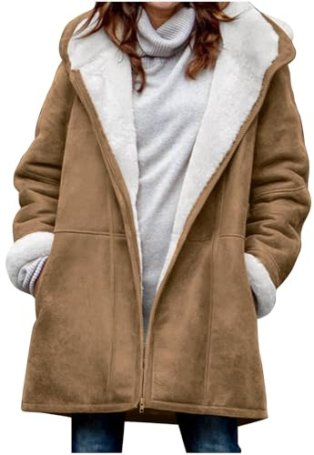 Manteau Femme Hiver Grande Taille Chauffant Teddy Veste Peluche Femme Automne Épais Vetement Mode Chic Mi Longue Pas Cher Trench Coat Polaire 2#Brun XXL