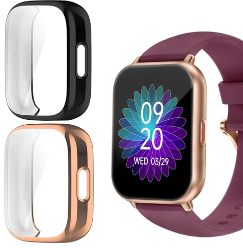 Compatible for RUIMEN Smart Watch Case, Blueshaweu Soft Slim TPU All Around Protective Shell Anti-Scratch Bumper Cover Case Compatible for RUIMEN H1 Smartwatch-1.85 inches (Black+Rose)