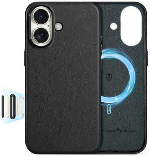 SHIELDON Lederhülle für iPhone 17 6,3 5G 2025, Schwarz | Kompatibel mit MagSafe, Rindsleder, Kabelloses Laden, Kamerasteuerung, Metallknöpfe, Dünne Handyhülle, Kratzfeste Schutzhülle