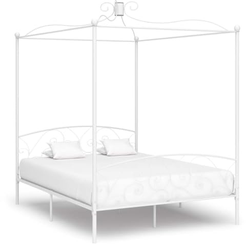 QJBSAVVA Himmelbett 180x200 cm Weiß Metall mit Oberrahmen für Vorhänge, Lattenrost, 211x189x227 cm
