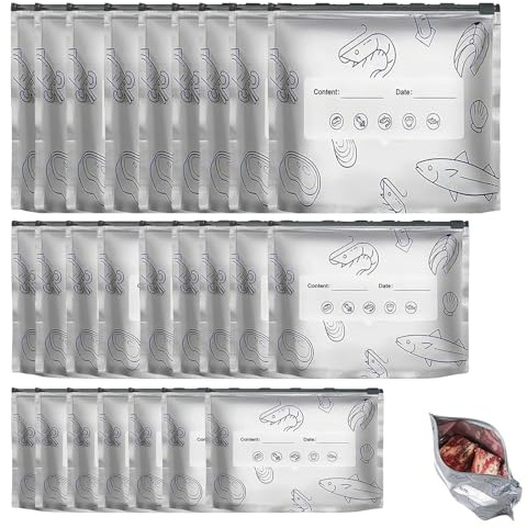 60 Pcs 3 Sizes Zipper Sealable Foil Bags,Reusable Aluminum Foil Sealable Storage Bags, Stand Up Foil Bag with Label and Zip Lock for Kitchen Vegetable Fruit Meat Storage and Freezable Food