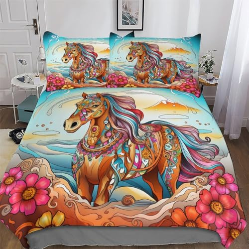 AASWDDS Cheval Parure De Lit - Microfibre 3 Pièces Housse De Couette Douce - Linge De Lits avec Taies d'oreiller pour Enfants Adultes Double (200x200cm)