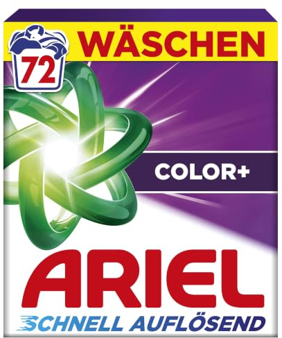 Ariel Pulverwaschmittel Color+, 72 Wäschen | Mit Fleck-Weg-Power beim 1. Waschen, schnell löslich und selbst in kaltem Wasser wirksam.