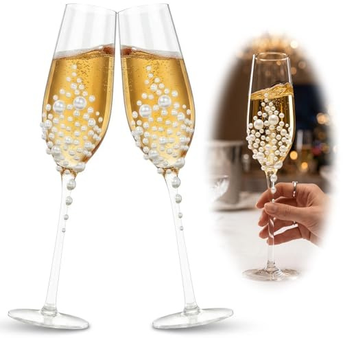 ATopoler 2 Pcs Champagne Flutes,Crystal Clear Stemmed Glassware,Classic Glass Set,Champagne Glasses Set of 2 for Wedding, Engagement or Anniversary(Pearl Style)