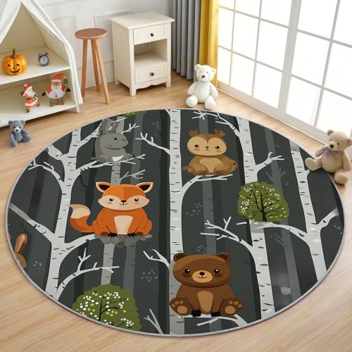 AevuCub Waldtiere Kinder Teppich Rund 90 cm Kurzflor - Waschbare Teppiche Wohnzimmer Fuchs Bär Hase Wald - Runder Teppich 90 Durchmesser Kinderzimmer - Bettvorleger Schlafzimmer rutschfest Weich