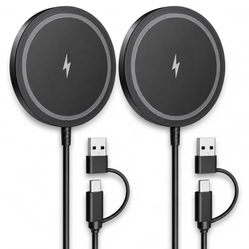 2PCS Chargeur Magnétique à Induction, Chargeur sans Fil 15W avec Alignement Magnétique Automatique, Double Entrée USB-C Et USB-A, Pad De Recharge Rapide Portable pour Smartphones Et Écouteurs