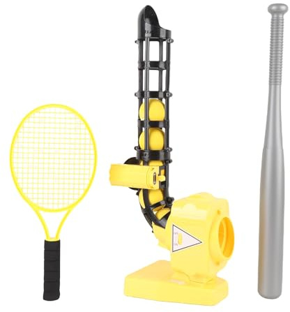 XUMIUZIY Baseball Tennis Pitching Machine Set | 2 in 1 Auto Pitcher with Balls Bat Racket for Youth Indoor Outdoor Training (Yellow)