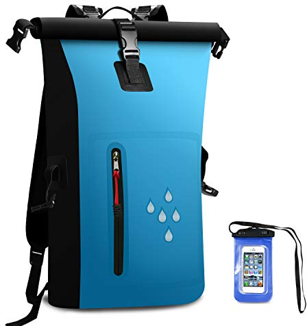 Waterproof Dry Bags Backpack, 25L Heavy Duty Roll-Top Closure Travel Backpack with IPX8 Waterproof Phone Case for Boating, Beach, Kayaking, Skiing, Fishing,Camping,Swimming (Blue)