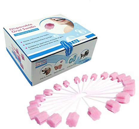 Xrten 50 Stücke Mundpflege Schwamm,Mund Wattestäbchen Einweg Mundpflegestäbchen(Rosa)