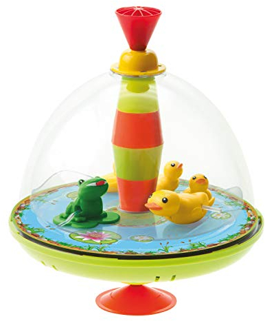 Bolz 52130 - Panoramakreisel Entenfamilie ca. 19 cm, Kunststoff Schwungkreisel, klassischer Pumpkreisel, Musikkreisel mit Enten Motiv, Kreisel mit Standfuss, Spielzeugkreisel für Kinder ab 18 Monate