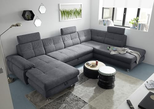 Stella Trading ALBA Wohnlandschaft in U-Form, Stoffbezug Anthrazit - Ausziehbares Sofa mit Schlaffunktion & Bettkasten - 349 x 88 x 233 cm (B/H/T)