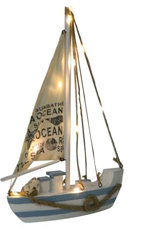 TOYANDONA Wooden Sailing Boat Model with LED Light Rustic Wooden Coastal Decoration Nautical Decor Mediterranean Style Beach House Ornament For Living Room Bedroom (Without Battery)