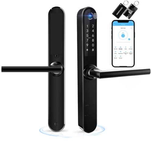 Ruveno Slim Smart Fingerprint Door Lock with Handles, Keyless Entry Door Lock, Bluetooth Fingerprint Keypad Card Keyless Unlock for Aluminum Swing Wooden Door(Black)