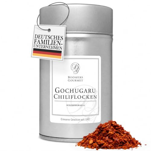 Boomers Gourmet - Gochugaru Chili für Kimchi - Koreanische Chiliflocken mittelscharf, Chiliflocken Schärfegrad 6, Chilli Flocken geschrotet ohne Kerne mit idealer Schärfe - Gewürzdose - 80 g