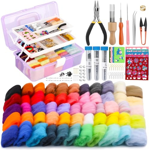 LOKUNN Needle Felting Kit, 55 Colors Felting Wool Kit with Storage Box, Felting Needles, Pad, Felt Craft Kit for Beginners Needle Felting Tools Kit for DIY Craft Home Decoration