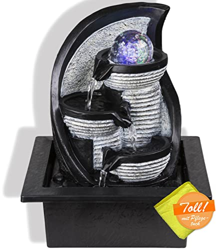 Tischbrunnen mit RGB Farbwechsel und Pflegetuch – Hübsche Dekoleuchte mit RGB LED und Mikrofasertuch – Zimmerbrunnen mit Leuchtfunktion Pumpe Grau Kugel