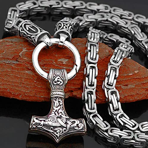 Männer Thors Hammer Wikinger Halskette, Silber Rostfreier Stahl Nordische Mythologie Mjolnir Amulett Anhänger-Schmuck, Mehrere Stile Tierkopf Quadratisch Königskette,Rune Ball 2,70 cm