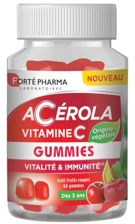 Forté Pharma Acérola Gummies Vitamine C naturelle 60 gommes | Complement alimentaire fatigue et défenses immunitaires adultes et enfants dès 3 ans, goût Fruits rouges, programme 30 jours