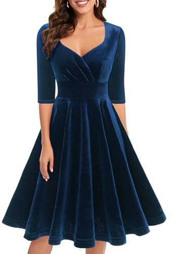 1950-tals cocktailklänning i vintage-/retrostil från Bbonlinedress. Rockabilly, V-ringad, veckad kjol, aftonklänning, festklänning., A-marinblå, 3XL