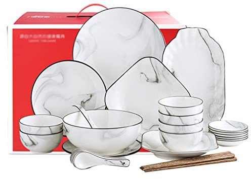 32/42/52 Pieces Dinnerware Set, Ceramic Kitchen Dinner Set Service for 6-10 People, Round Crockery with Bowls, Dinner Plates,Side Plates, Dip Bowls, Chopsticks ( Color : +gift box , Size : 32 pcs )