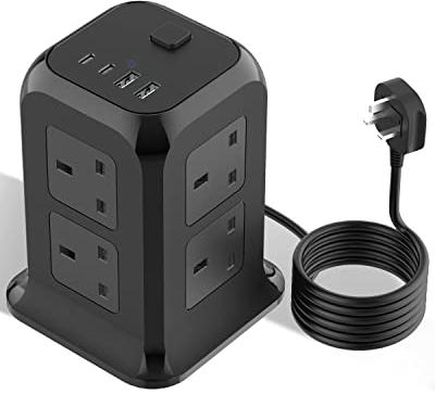 Extension Lead Tower with USB C, 12 Way Outlets Surge Protected Extension Tower with 4 USB Ports (2.4A), 3250W Extension Cord, Overload Protection, 2M Extension Plug for PC/Phone/Laptop/Speaker/TV