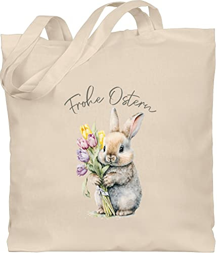 Baumwolltasche - Ostergeschenk - Frohe Ostern süßer Osterhase Tulpen I Oster Hase - Unisize - Naturweiß - jutebeutel osterhasentasche ostermotiv hasi stofftaschen osterngeschenke ostergeschenke