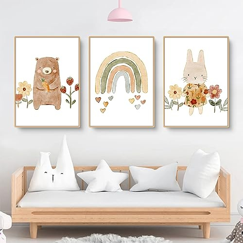 Herfair 3er Set Wandbilder Regenbogen Kinderzimmer Babyzimmer Poster, Bär Kaninchen Bilder Kinderzimmer Boho Deko Bilder Set Junge Mädchen, Ohne Rahmen (30x40cm)