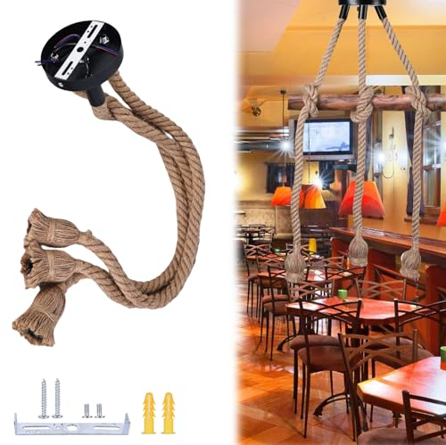 Nizirioo Pendelleuchte Hanfseil 3 Köpfe Kronleuchter Vintage 100 cm Hanf-Seil-Hängendes LichtLampe Seil Retro E27 Hanfseillampe mit Kabel Kreativ Kronleuchter für Küche Haus Cafe Bar Lager Bauernhof