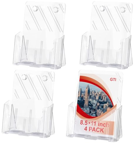 GTI Acrylic Brochure Holder 8.5 x 11 inch, 4 Packs Brochure Display Stand for 4’’ Trifold Pages, Clear Flyer Display Holder for Magazine, Pamphlet, Booklets, Menu,Journals