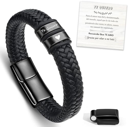TERRISHE Pulsera de Cuero Trenzado para Hombre Grabado 'Te Quiero' - Regalo para Papá, Marido, Amigo, Novio, Esposo - Día del Padre, Cumpleaños, Aniversario