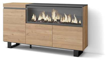 Skraut Home | Buffet Salon et Cuisine | Meuble de Rangement, Commode | 160 | 3 Portes | Cheminée électrique XXL | Design Industriel | Style Moderne | Chêne